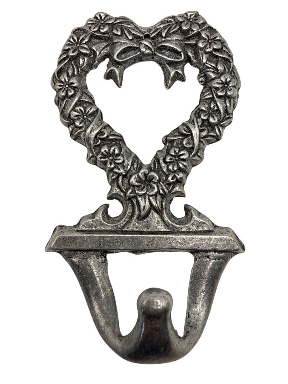 Heart Shaped Wall Hook Floral Wreath Bow Aged Silver Tone Metal Cottagecore